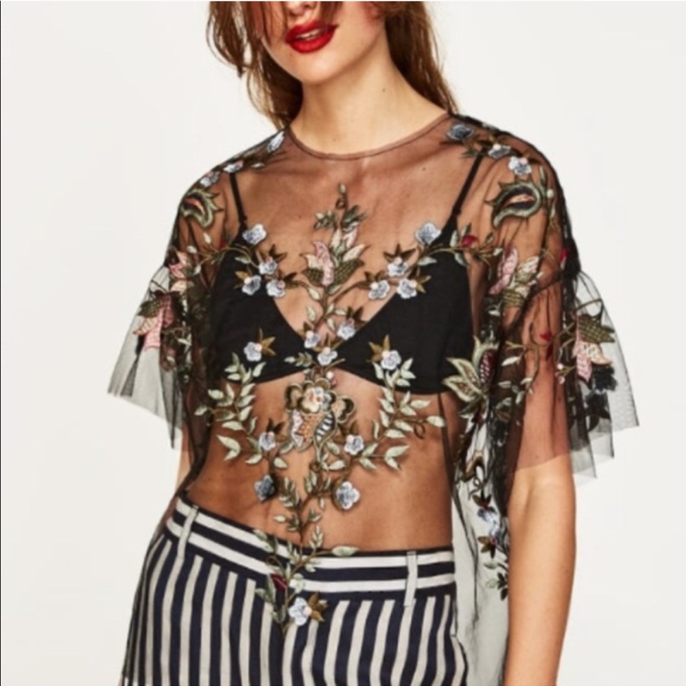 Zara embroidered floral mesh top